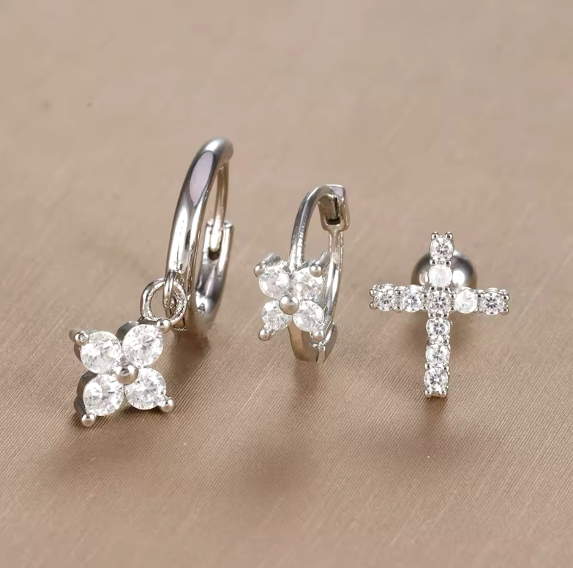 Three Piece Set Mini Flower And Cross Earrings