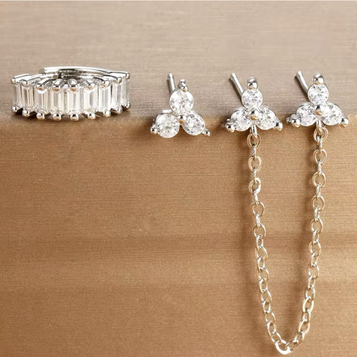 Three Piece Set Zirconia Studs And Hoop Earrings