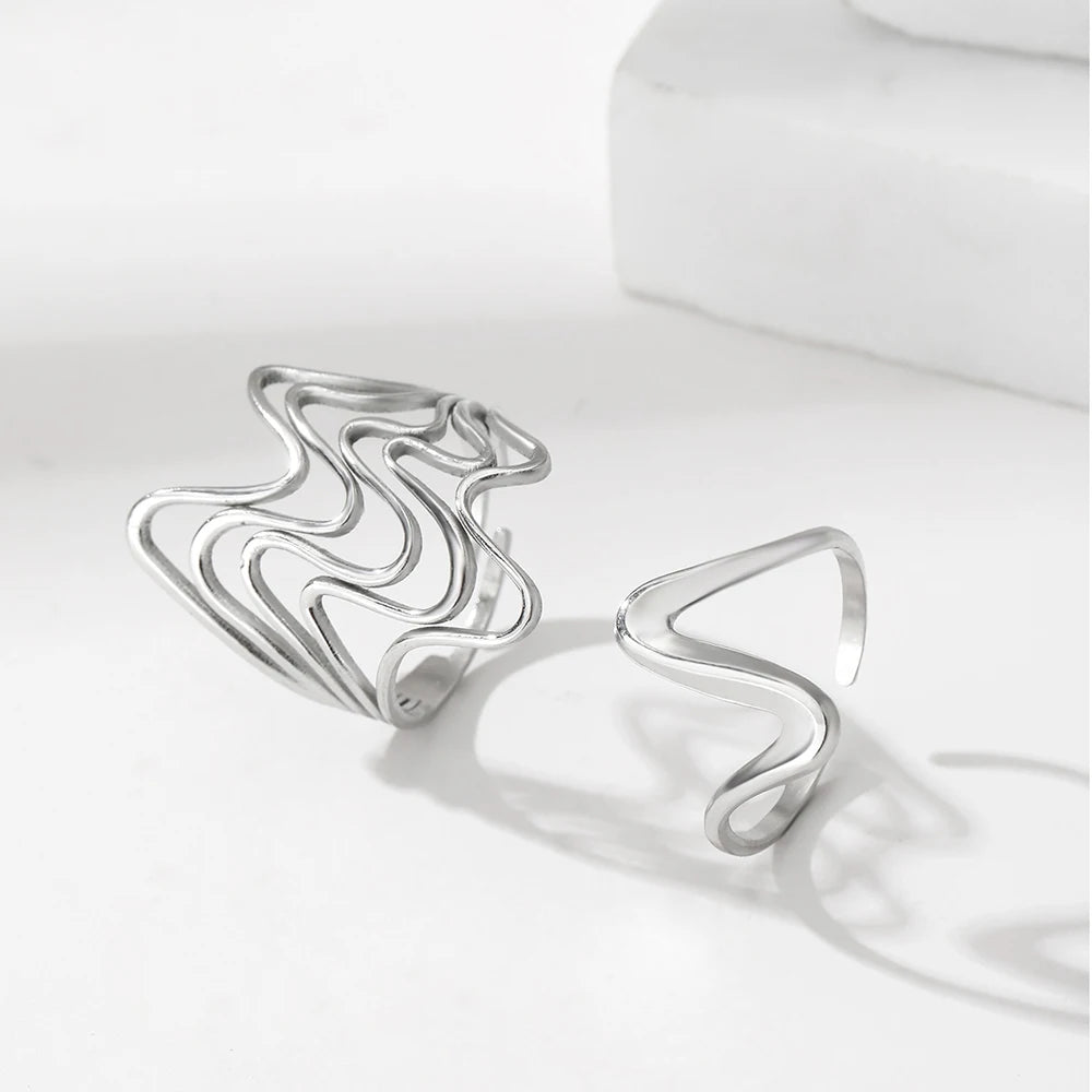 Two Piece Set Irregular Curve Wave Adjustable Ring