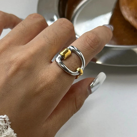 Unique Hollow Contrast Gold Silver Adjustable Ring