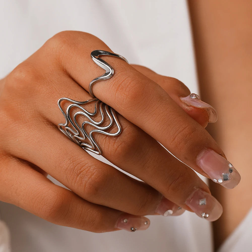 Two Piece Set Irregular Curve Wave Adjustable Ring