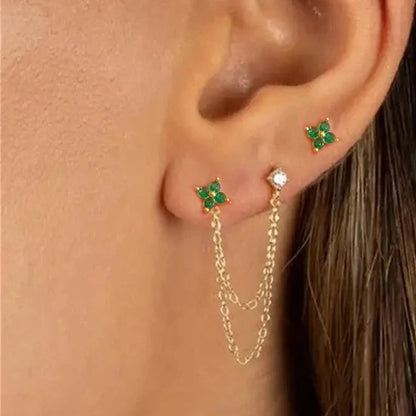 Green Flower Double Stud Chain Tassel Earrings