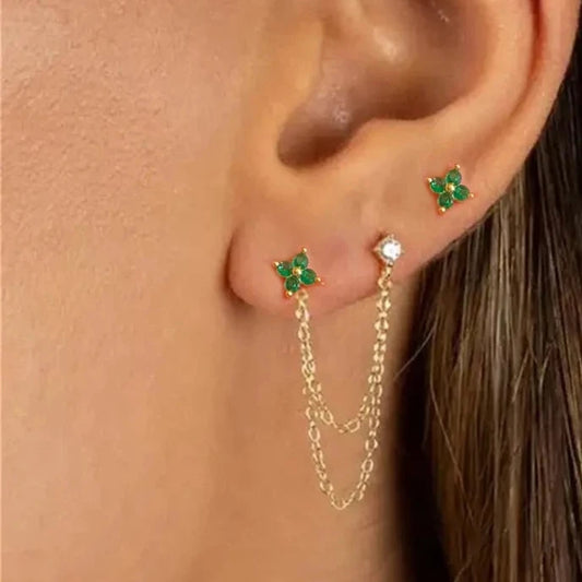 Green Flower Double Stud Chain Tassel Earrings