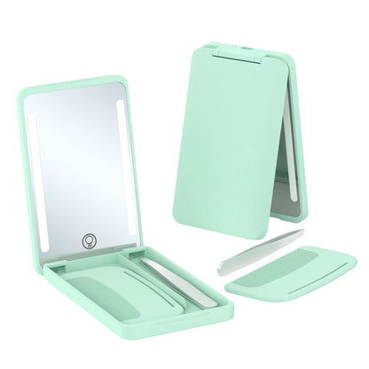 Portable Pocket Mini Foldable LED Mirror With Comb And Tweezer