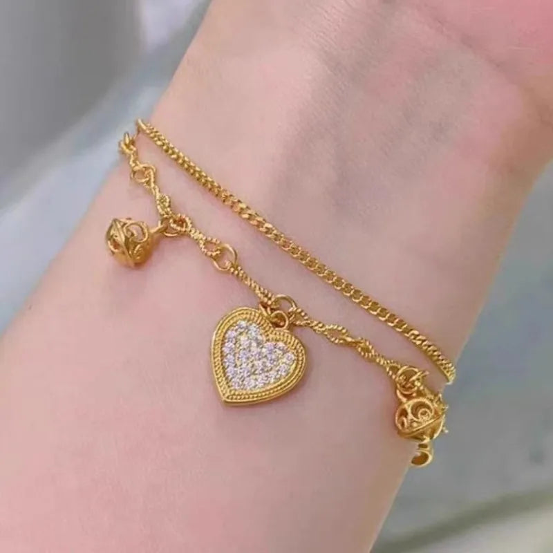 Gold Layered Heart With Bell Charms Bracelet