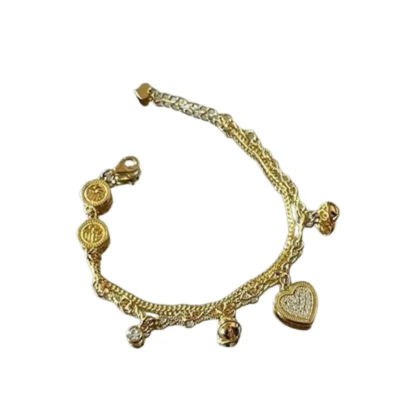 Gold Layered Heart With Bell Charms Bracelet