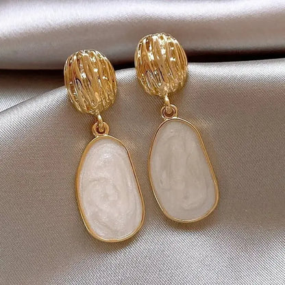 White Enamel Oil Oval Dangle Earrings