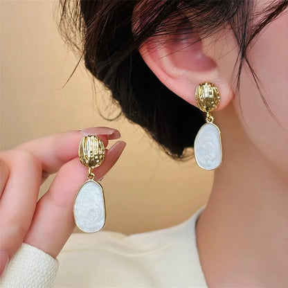 White Enamel Oil Oval Dangle Earrings