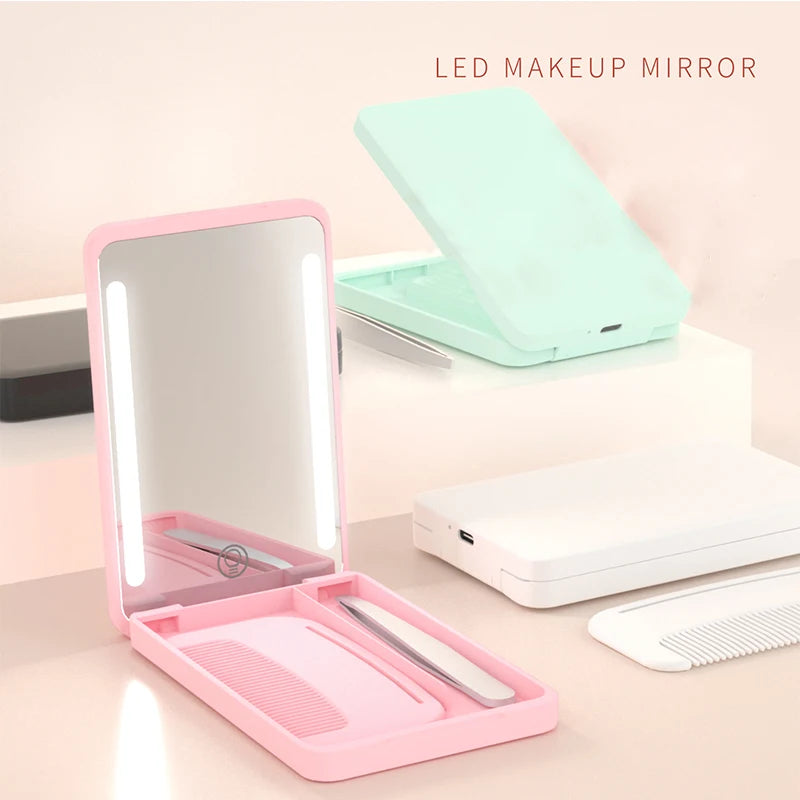 Portable Pocket Mini Foldable LED Mirror With Comb And Tweezer